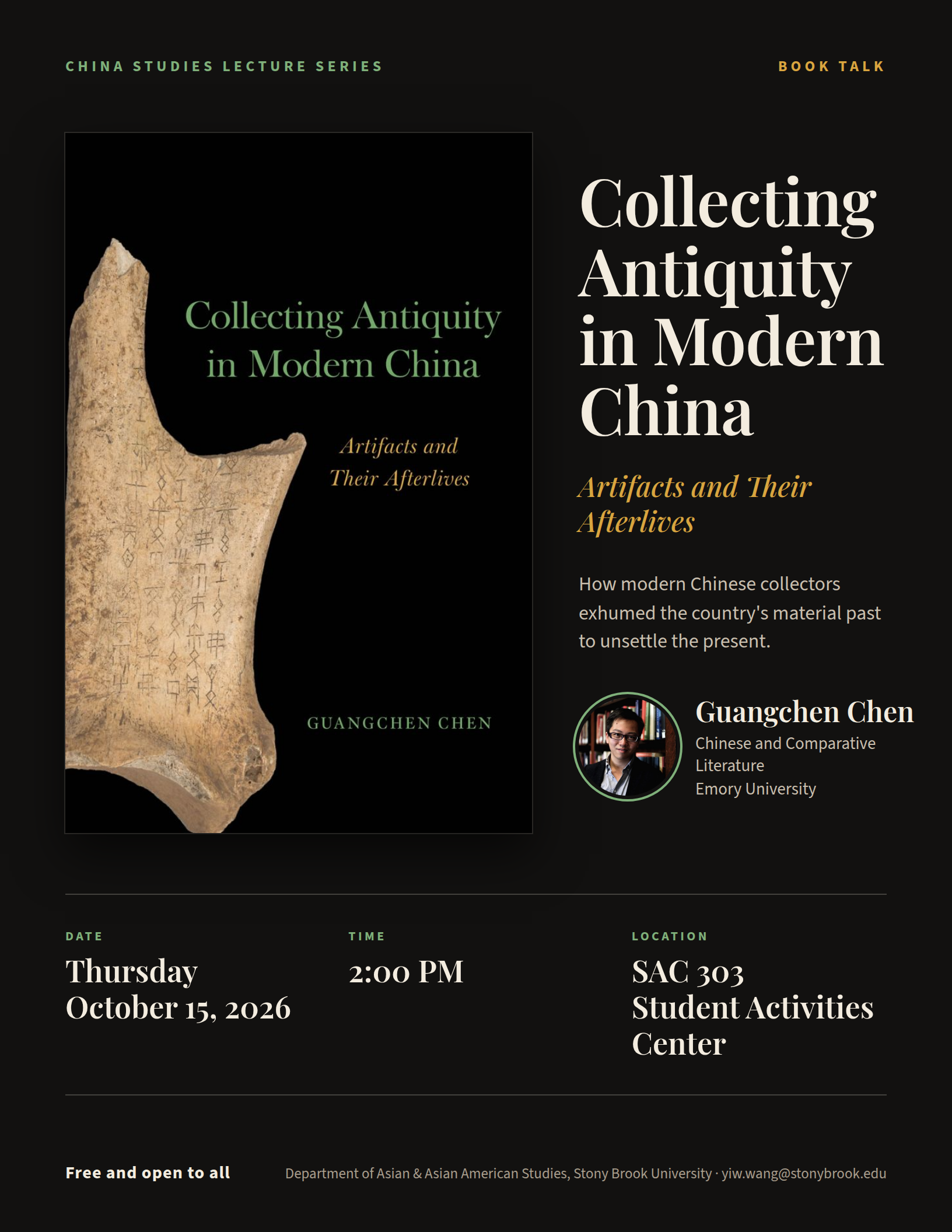 this is a flyer for a book talk by Guangchen Chen