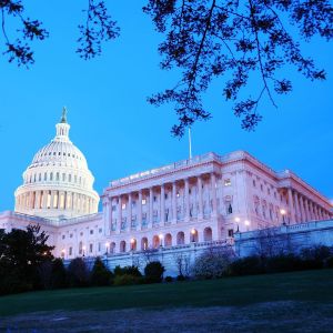  The U.S. Capitol building at twilight, its dome lit against a deep blue sky with trees framing the scene.
