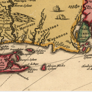 Historic map of early North America showing Indigenous territories and coastal regions with labeled islands and tribes.