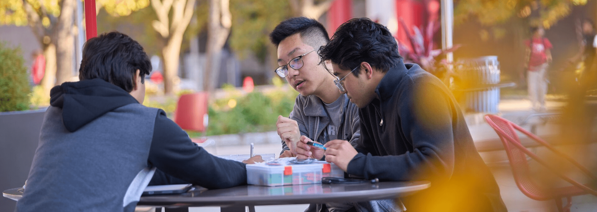 Three young adults are studying at an outdoor table, discussing with focus and collaboration. Sunlight filters through trees, creating a warm setting.