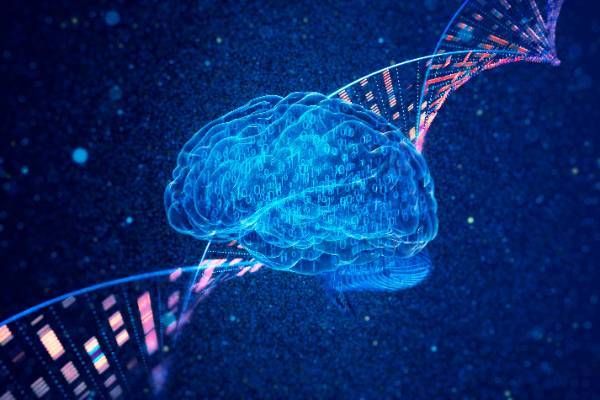 a bright blue illuminated brain in front of a darker blue backdrop with strips of horizontal squares in pink and blue to symbolize medical imaging