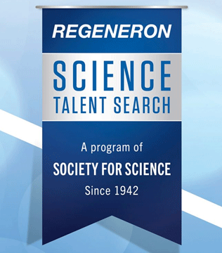 Banner with "Regeneron Science Talent Search" in bold blue and gray text against a gradient blue background. Below, "A program of Society for Science Since 1942."