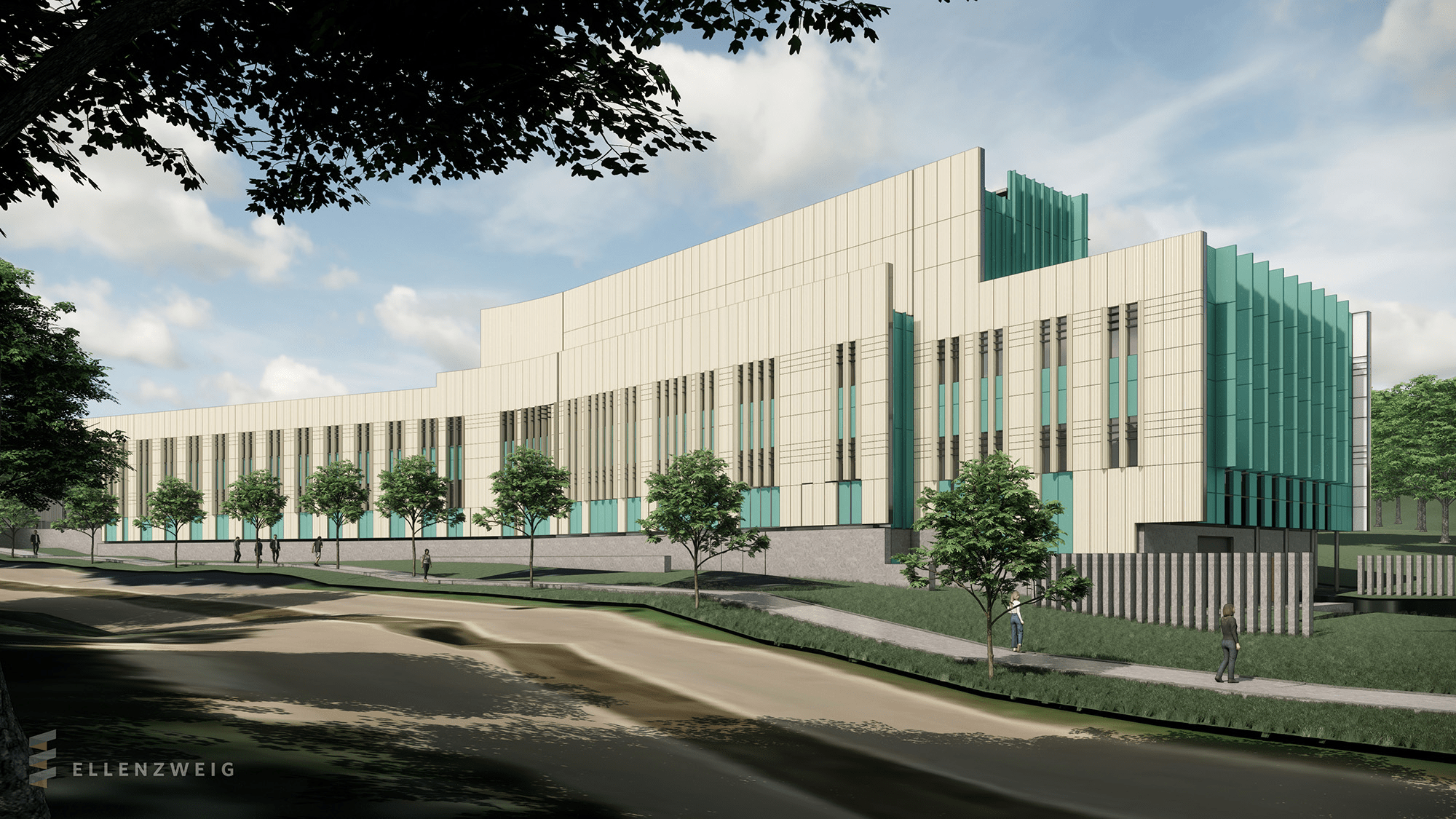Rendering of a light grey building with glass surrounded by trees.