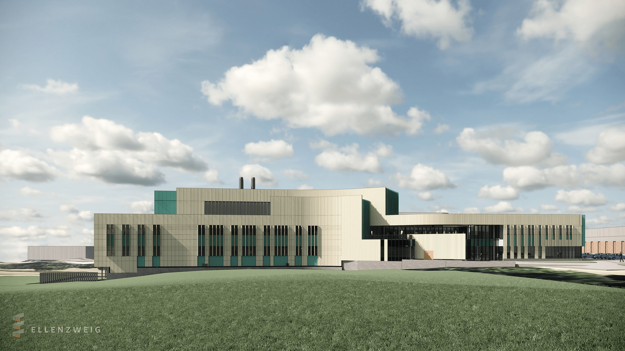 Rendering of light grey building with glass windows and grass field.