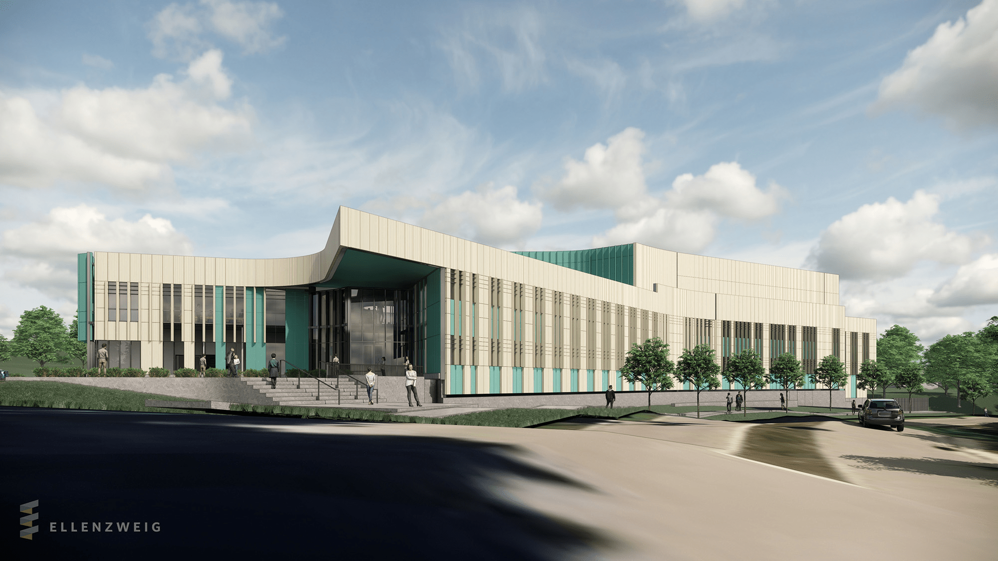Rendering of light grey building with glass windows and grass field.