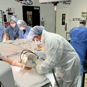 Doctors in blue scrubs and masks perform surgery in an operating room. A surgeon in a white gown focuses on a patient under bright lights.