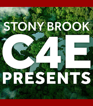 Stony Brook C4E Presents text overlays a lush, green forest with a river winding through.