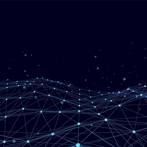 Abstract digital landscape with a dark blue background. White lines form a grid with blue nodes, resembling a network or constellation, evoking a futuristic feel.