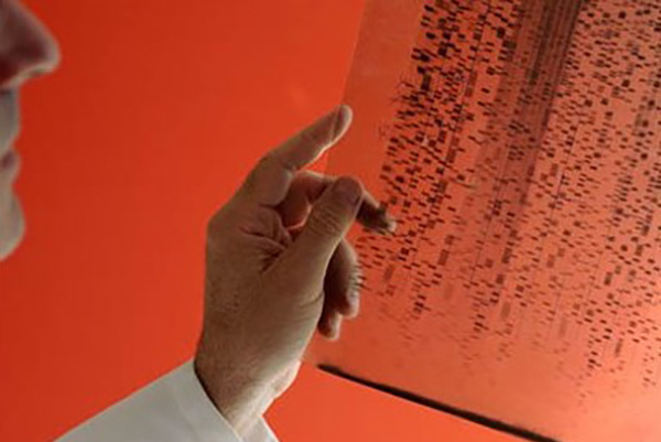 A slight profile of a man in a white lab coat and his hand is holding an xray and the backdrop is orange