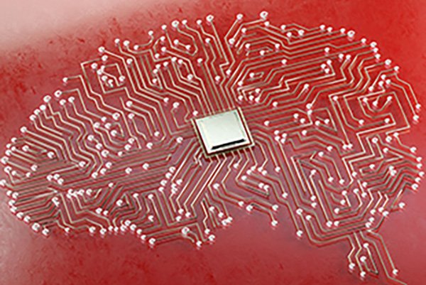 a computer network shaped in the image of a brain on a reddish-orange backdrop