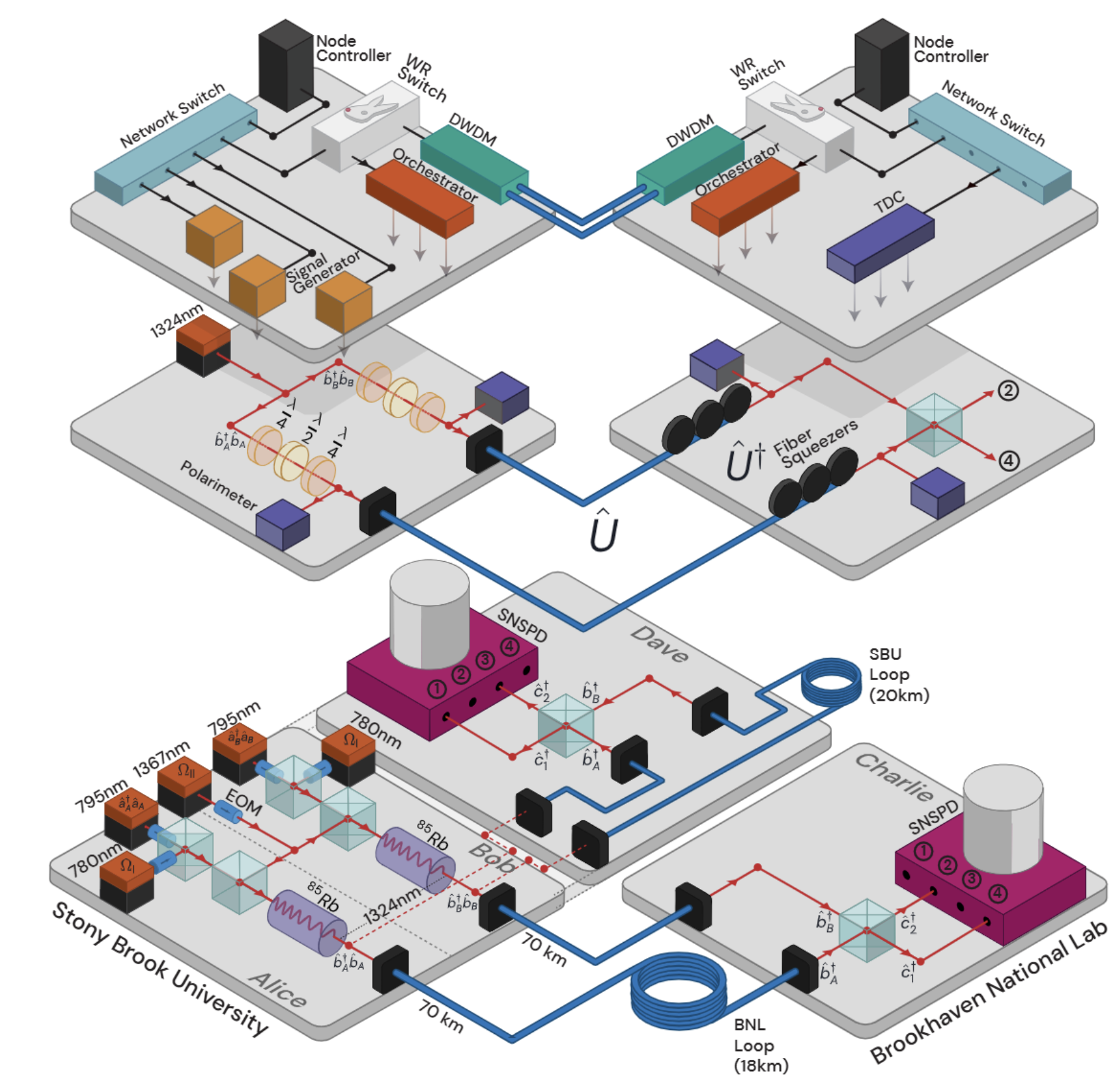 A detailed isometric schematic diagram illustrating a multi-node quantum network architecture connecting Stony Brook University and Brookhaven National Lab.