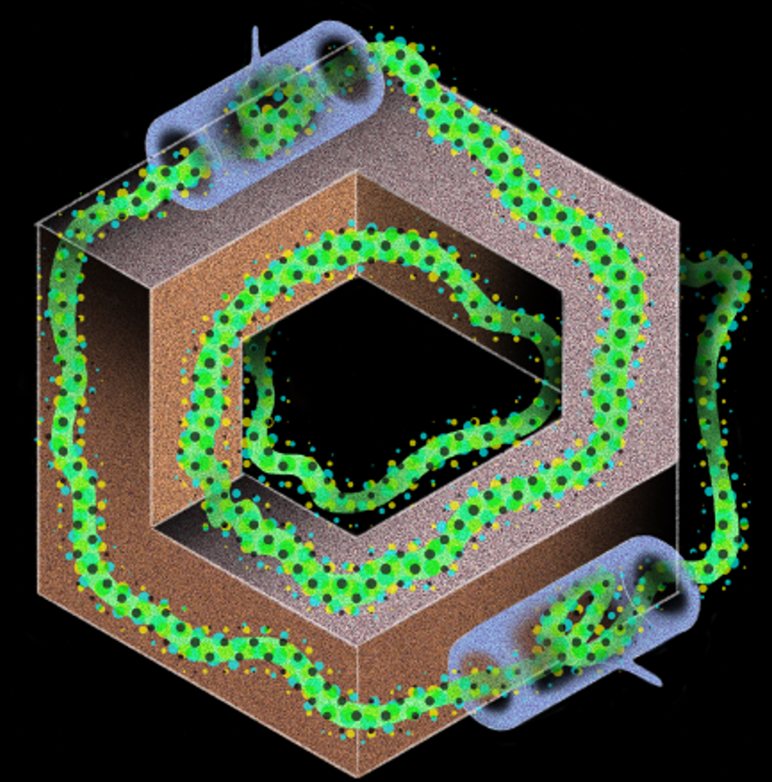 A 3D abstract scientific illustration of a green, wavy particle stream flowing continuously along the surfaces of an impossible Penrose-style hexagon structure. The stream passes through two transparent cylindrical capsules located on opposite sides of the loop.