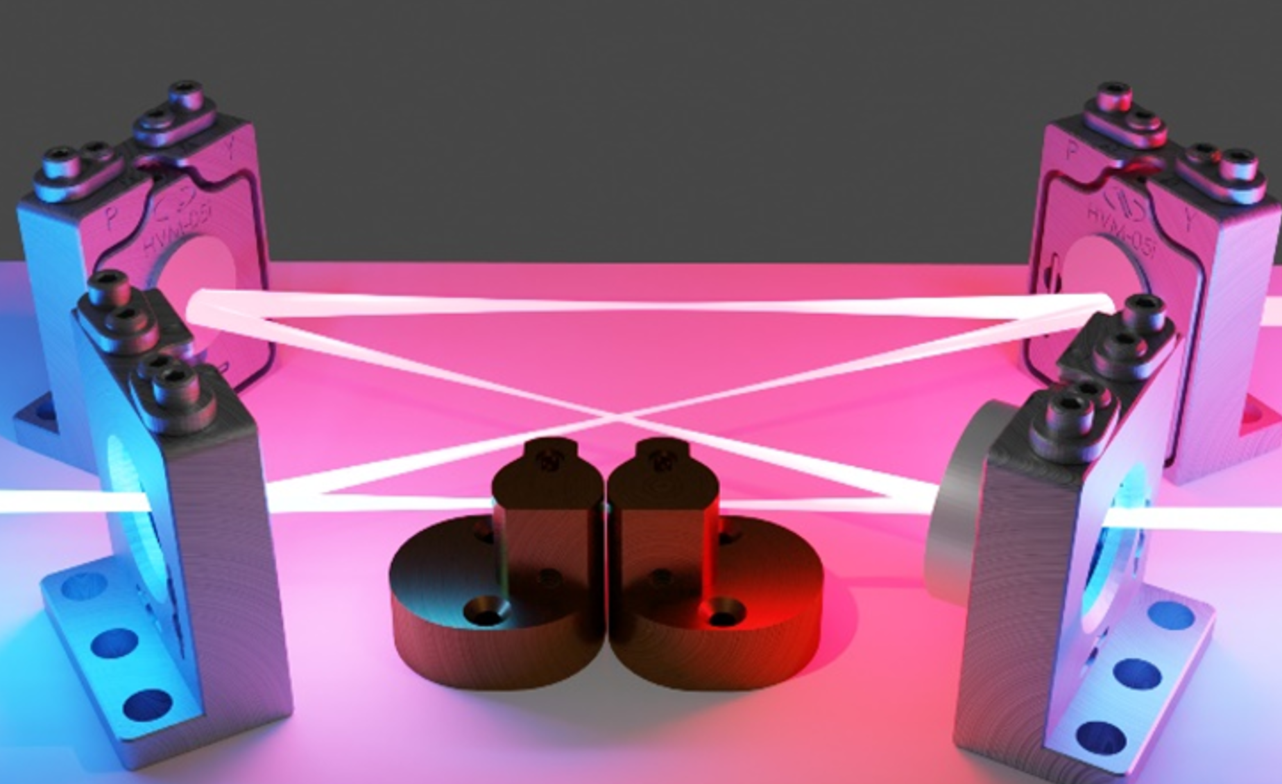 A 3D render of an optical cavity setup on a surface illuminated by pink and blue light. Glowing white laser beams bounce between four silver mirror mounts and two central brass components, forming a crisscross pattern.