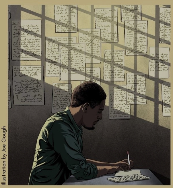 A man writing at a desk with handwritten sheets on the wall and shadows from windows casting across the scene.