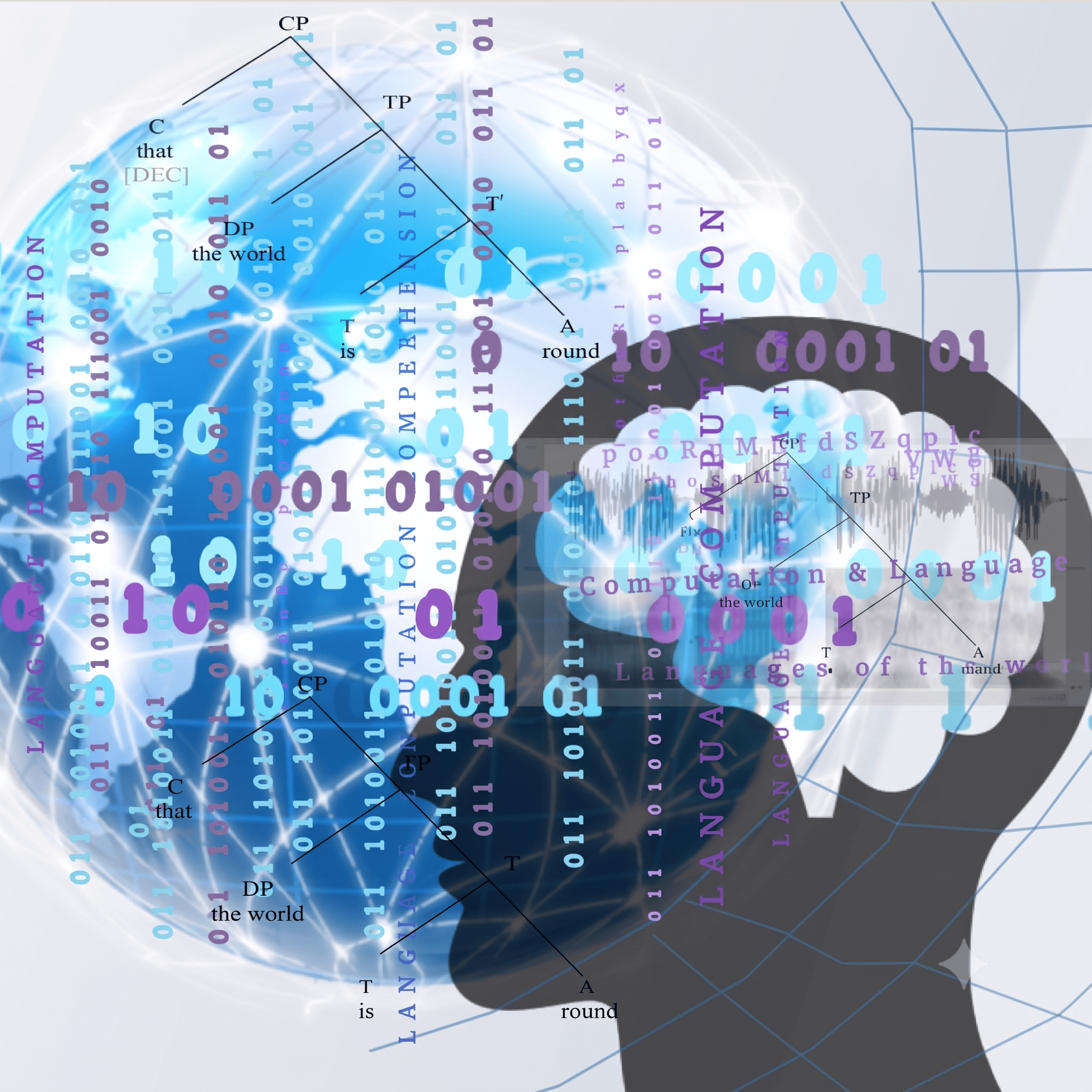 Graphic of a human head silhouette over a digital globe, binary code, and linguistic syntax trees.