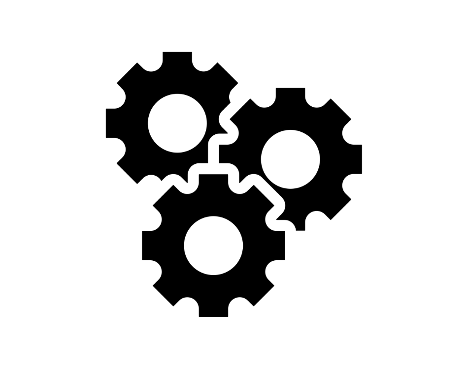 Three interconnected black gears on a white background, varying in size and overlapping.