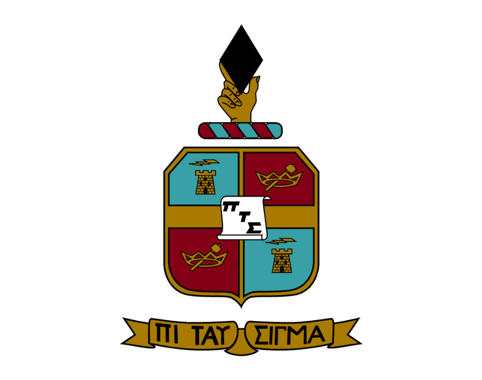 The Pi Tau Sigma coat of arms features a shield with four quadrants, a hand holding a black diamond, and a banner with Greek letters at the bottom.