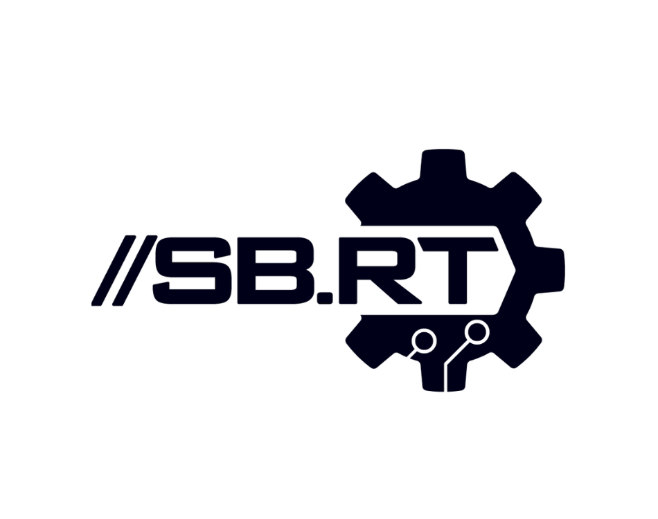 A black logo featuring the text SB.RT preceded by two slashes, integrated into a gear shape with circuit board lines on the bottom right section.