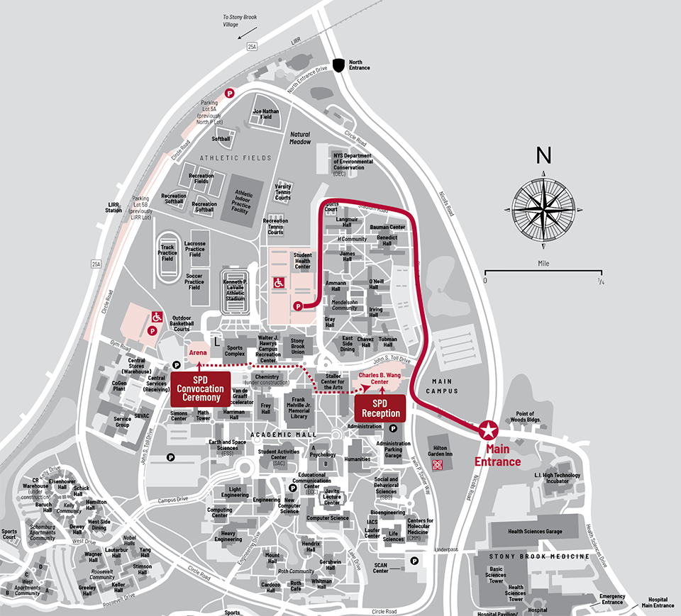 A map that draws a line between Stony Brook's main entrance and Gym Road Lots 6A and 6B, plus a dotted line from the Arena to the Wang Center