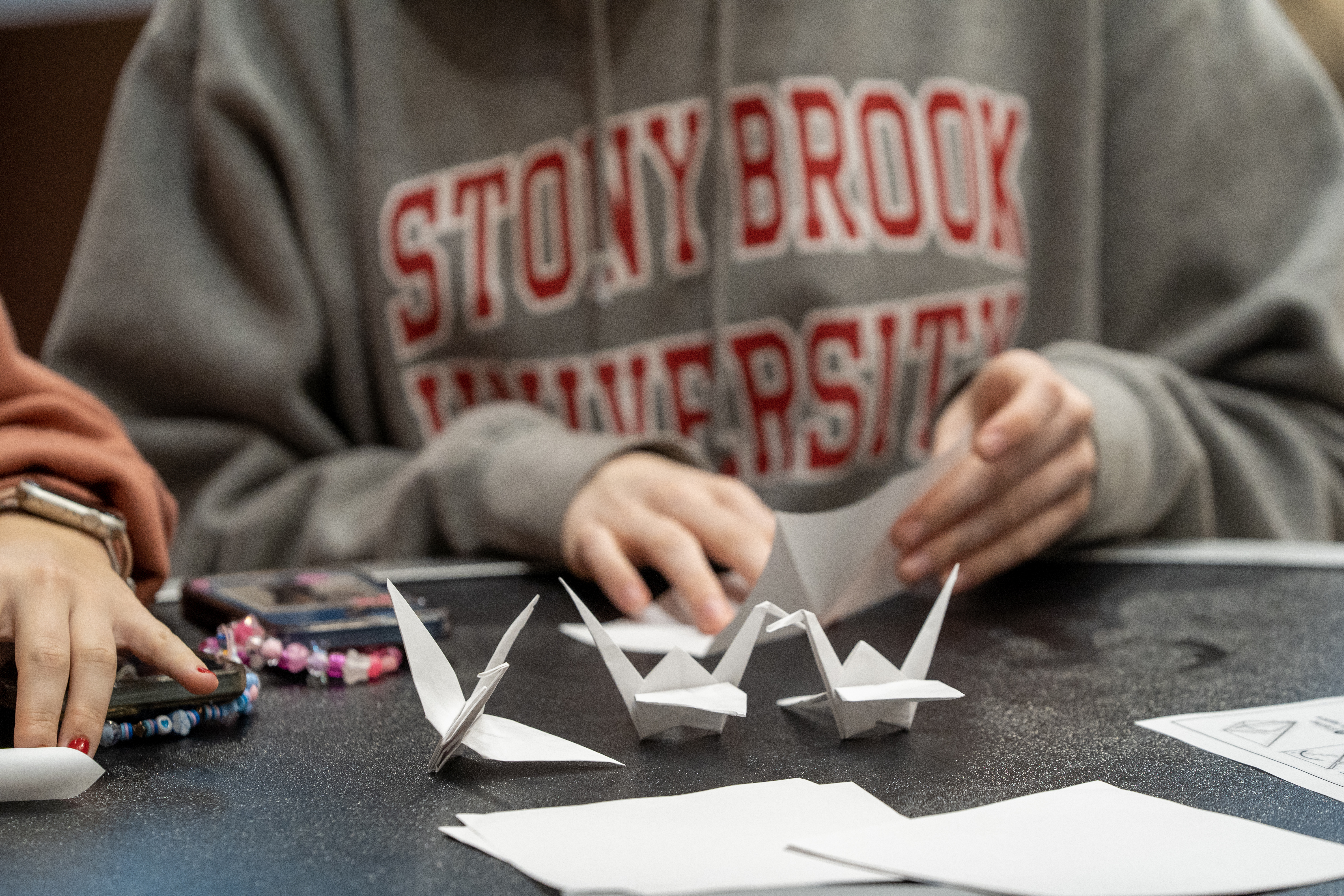 person wearing stony brook shirt is folding origami with three other orgami birds in front of them