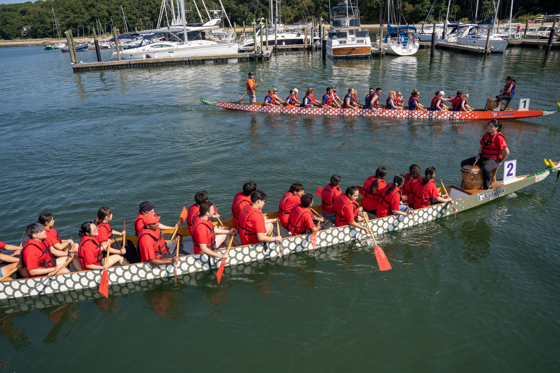 Stony Brook students paddle a Dragon Boat in Port Jefferson Harbor