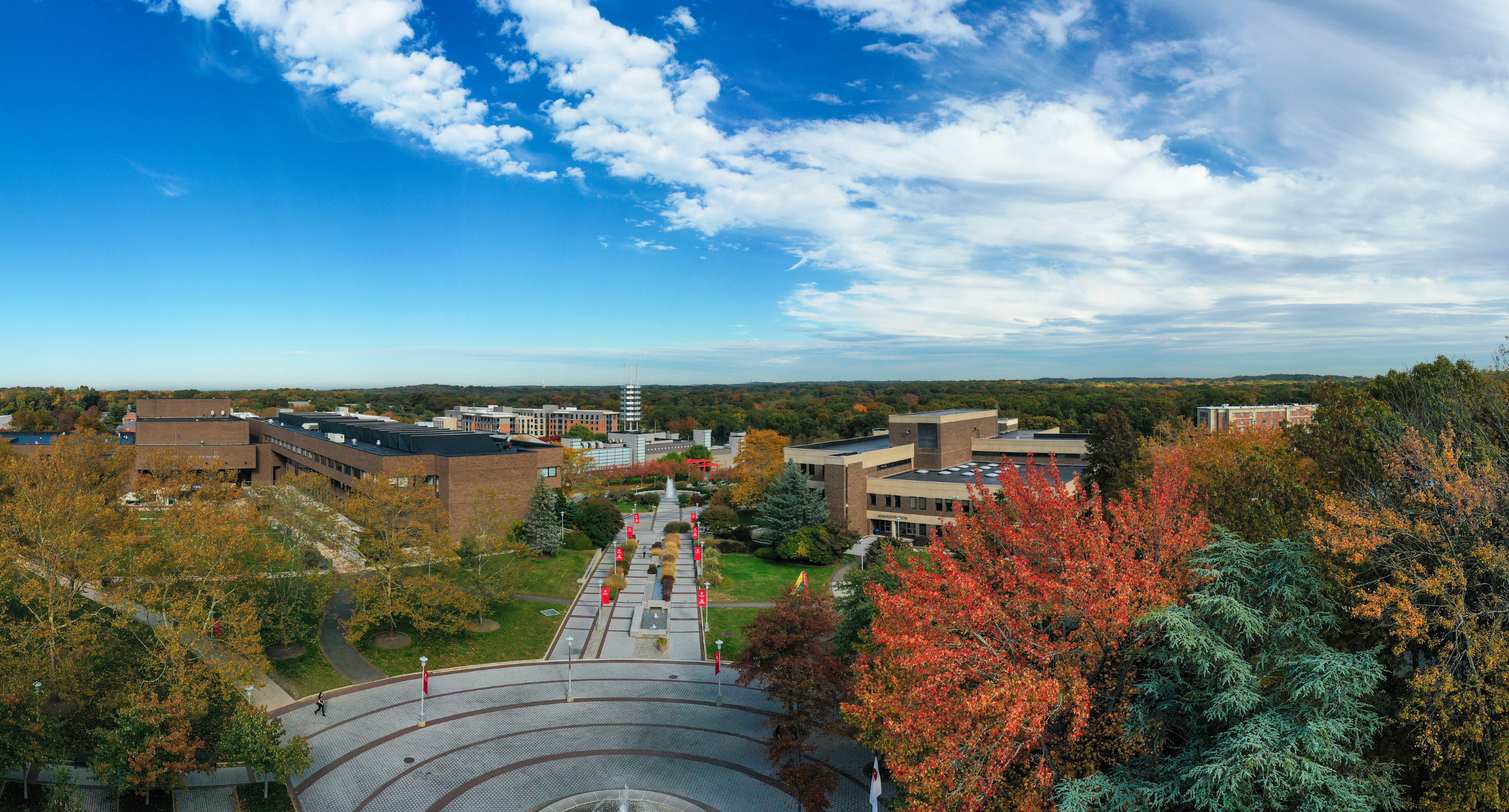 Overhead view of academic mall and building rooftops
