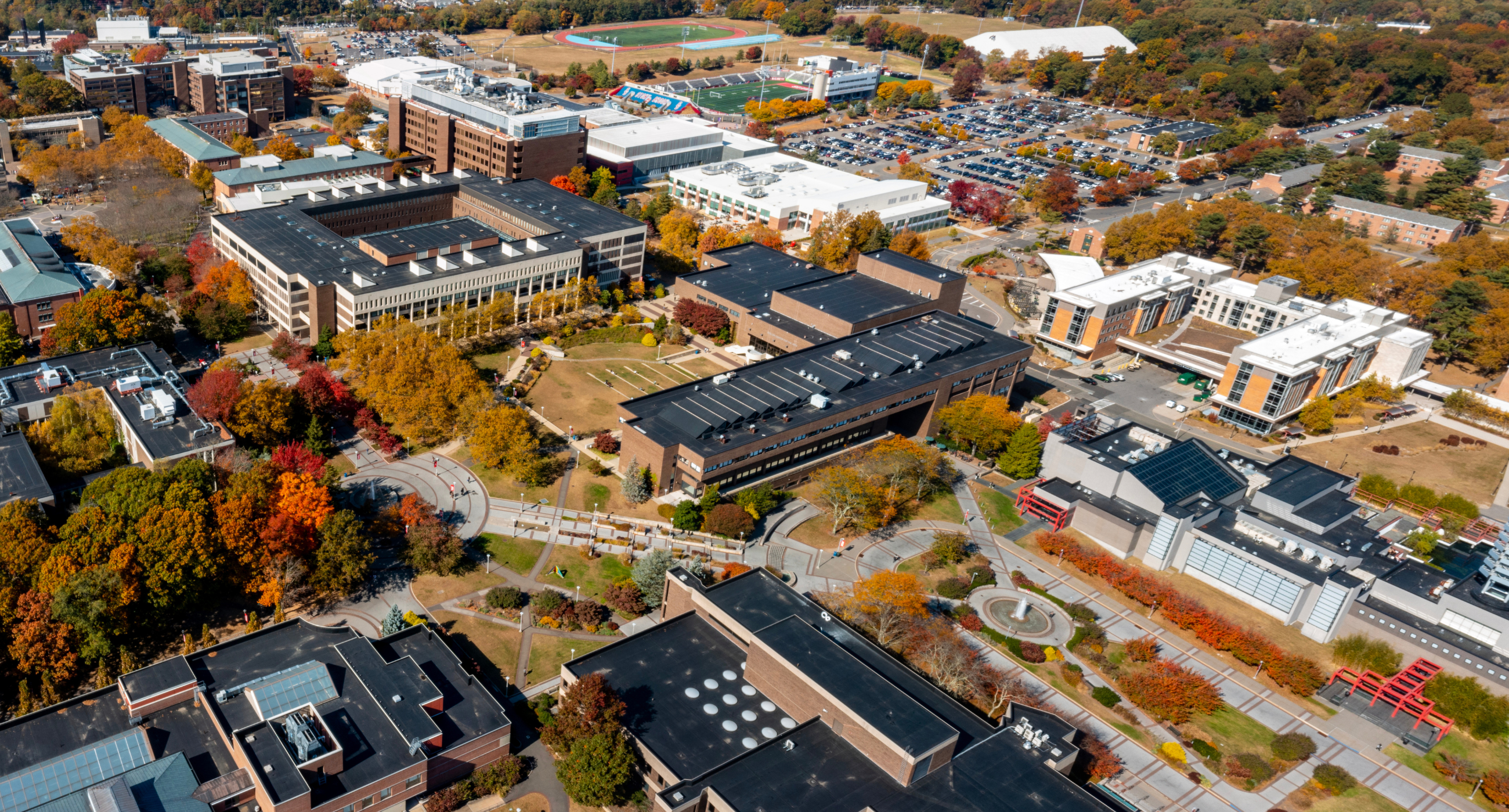 Overhead view of academic mall and building rooftops