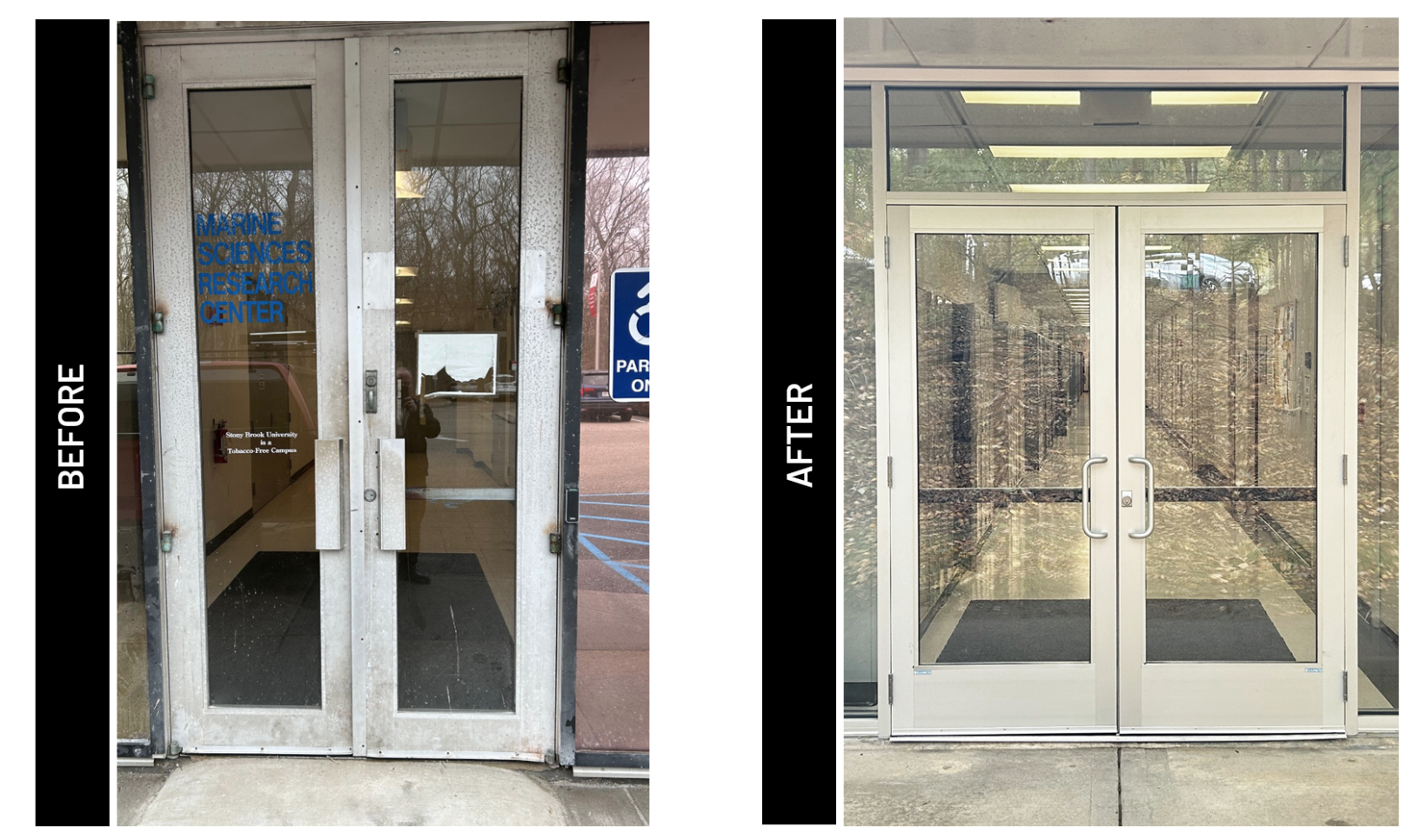 Before and after showing previous older model door and newer ada compliant door