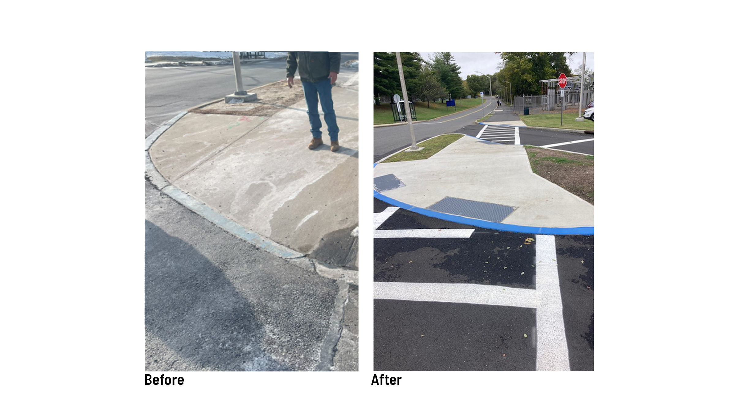 Before and after showing revision to old sidewalk ramp