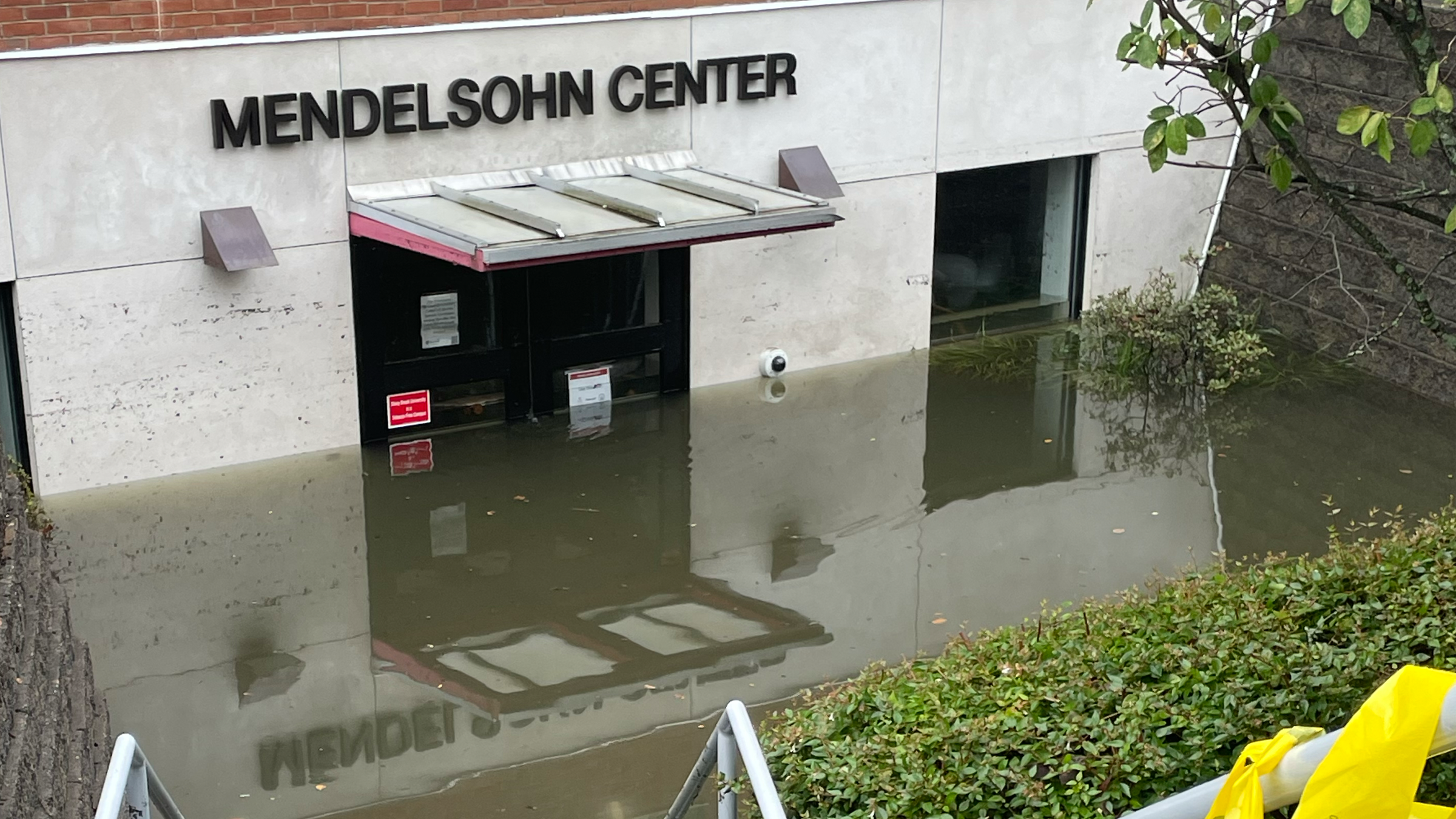 Flood waters four feet high in front of Mendelsohn Center dorm