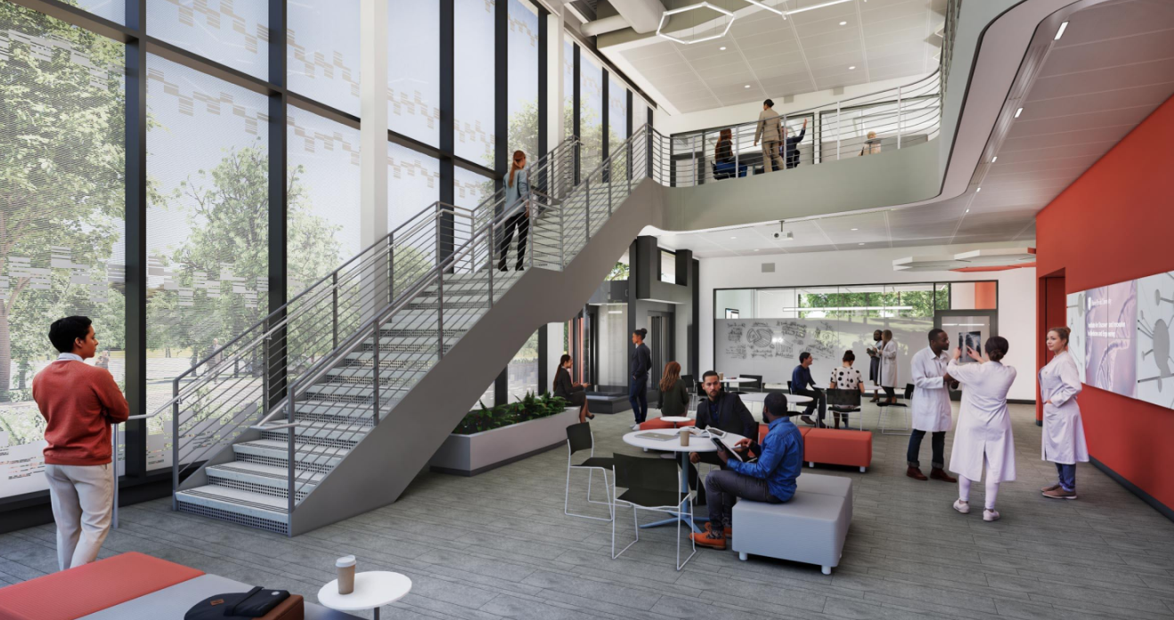 Rendering of building lobby depicting large windows and a staircase with lobby area below
