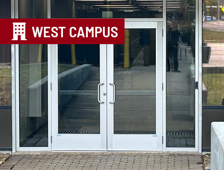 ADA compliant double exterior door with "west campus" location overlay