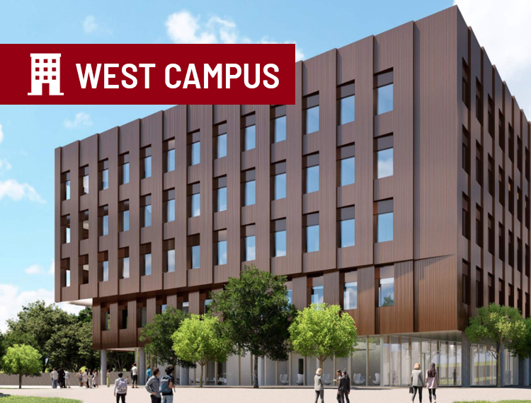 rendering showing newly constructed college of business with "west campus" location overlay