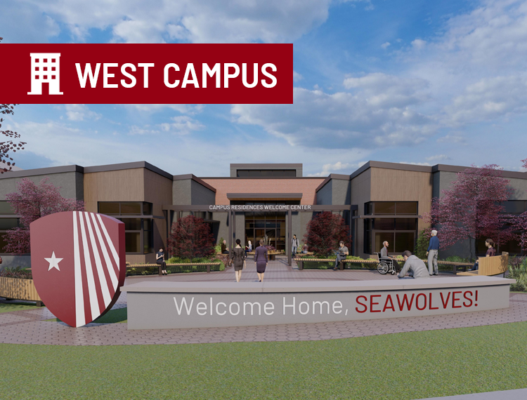 rendering of new campus res welcome center with "west campus" location overlay