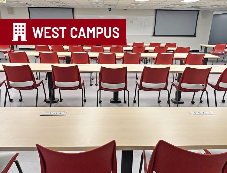 Recently renovated classroom 2120 with "west campus" location overlay