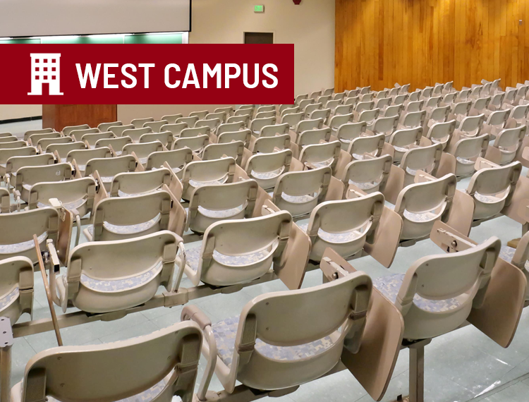 Refurbished classroom seating area with "west campus" location overlay