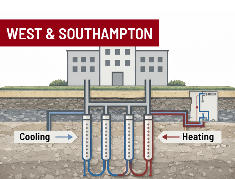 Rendering depicting geothermal heating/cooling system below stonybrook university with "West and southampton" location overlay
