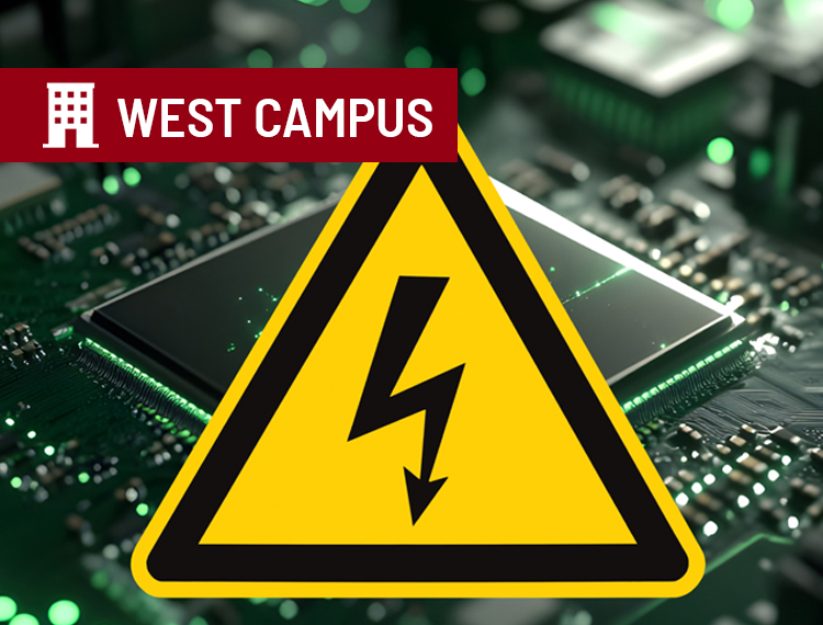 high voltage icon overlaid on an electrical circuit with "west campus" location overlay