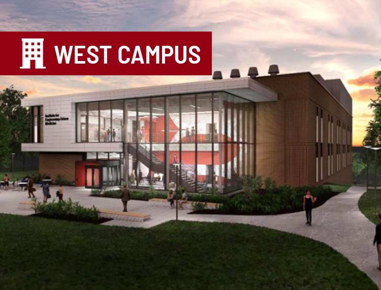 Rendering of exterior of new i-dime building at dusk with "west campus" location overlay