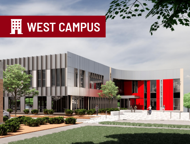 Rendering of proposed modern looking exterior of new MDE/AI building with "west campus" location overlay