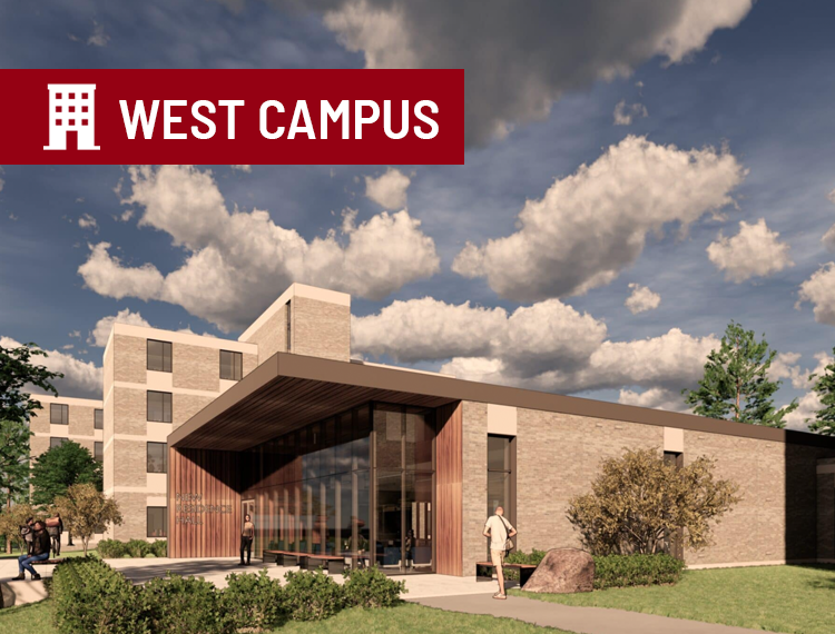 rendering of new tabler dorm with "West Campus" location overlay