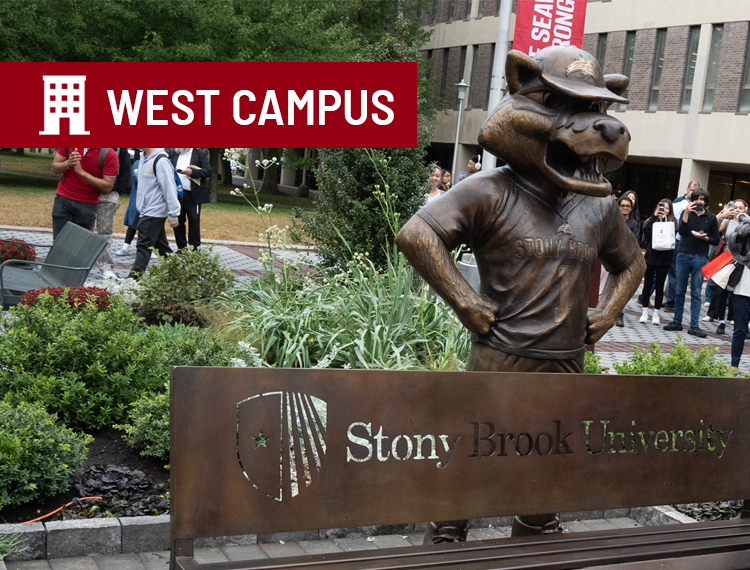 bronze Wolfie statue with "west campus" location overlay