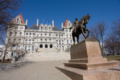 The General Philip Henry Sheridan Memorial statue in front of the New York State Capital Building.