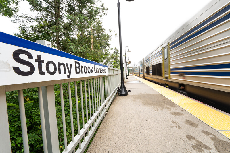 Train arriving at the Stony Brook University station
