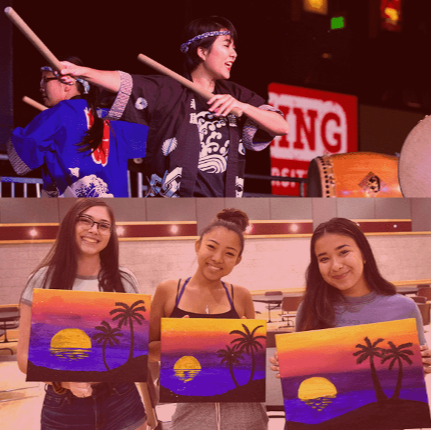 Students engaging in club activities: drumming performance, posing with artwork