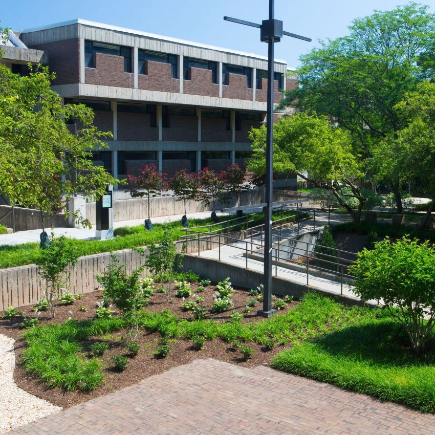 Campus building surrounded by trees, landscaping, and green space