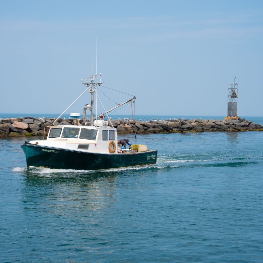 Boat traveling on water near a rocky shoreline