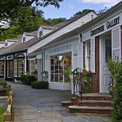 Street view of Stony Brook village with shops and local businesses