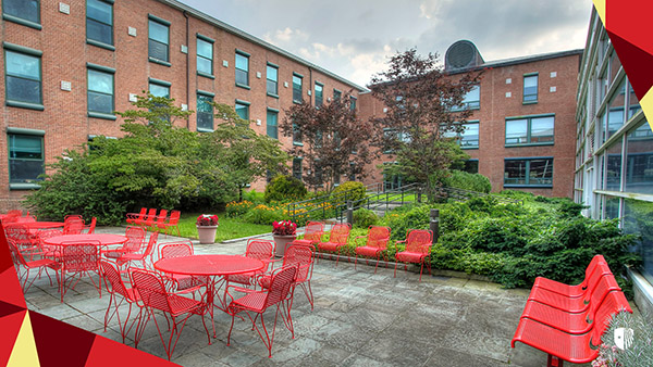 Patio with red chairs