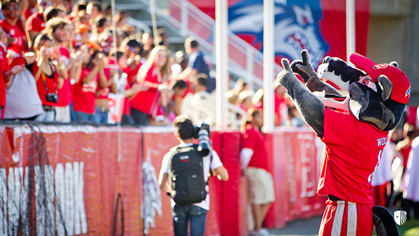 Mascot pointing at the crowd